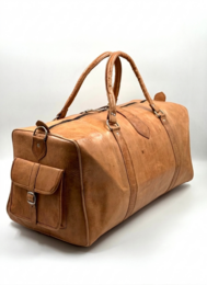 Håndlavet stor marokkansk læder rejsetaske – Artisan "Heritage" duffel i økologisk naturlig brun