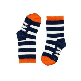 Navy and white striped baby socks with orange accents. Suitable for infants and toddlers aged 0-3 years.