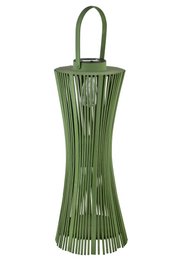 Green woven solar lantern, tall cylindrical shape, outdoor lighting, handle, modern design.
