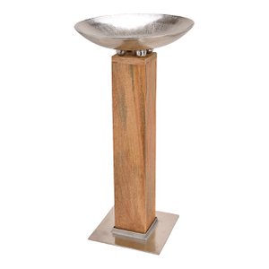 Zuil van mangohout met metalen schaal, bruin/zilver (B/H/D) 50x90x50cm