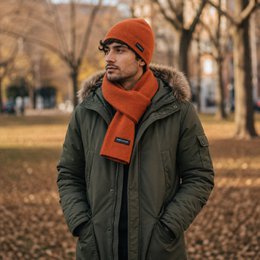 RB5008IC | COURMAYEUR - Dubbelzijdige gebreide unisex-muts gemaakt in Italië. Paprika/cacao kleur