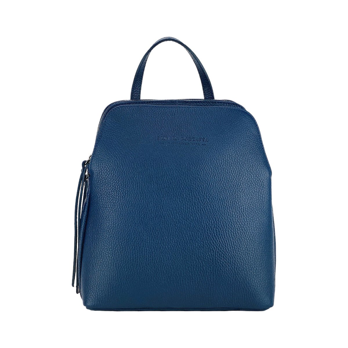 RB1018D | Echt leren damesrugzak met dubbel compartiment, gemaakt in Italië, met verstelbare schouderbanden. Gunmetal metalen accessoires - Blauwe kleur - Afmetingen: 26 x 30 x 14,5 cm