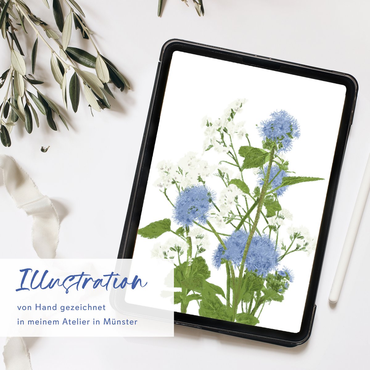 Potlood bloemmotief blauwgroen