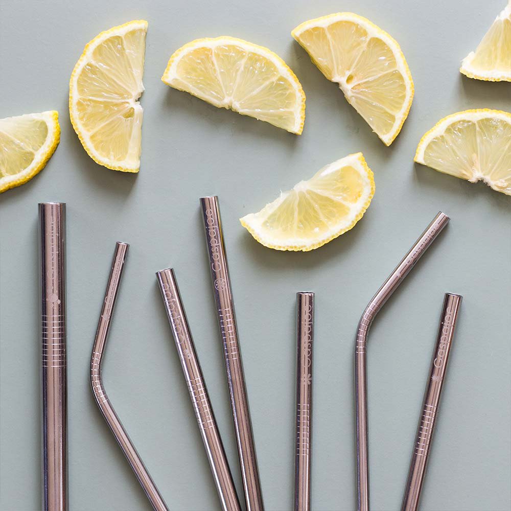 Set of 6 Gaspajoe stainless steel straws - 2 cubits, 2 smoothies, 2 cocktails with brush in organic cotton pouch