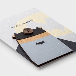 Handmade 3D wooden greeting card with superhero batman character, romantic love message, black and cream colors