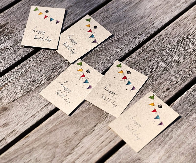 5 x cadeau -tags voor verjaardag | Gelukkige verjaardag | Kleurrijke wimpel | 85 x 55 mm