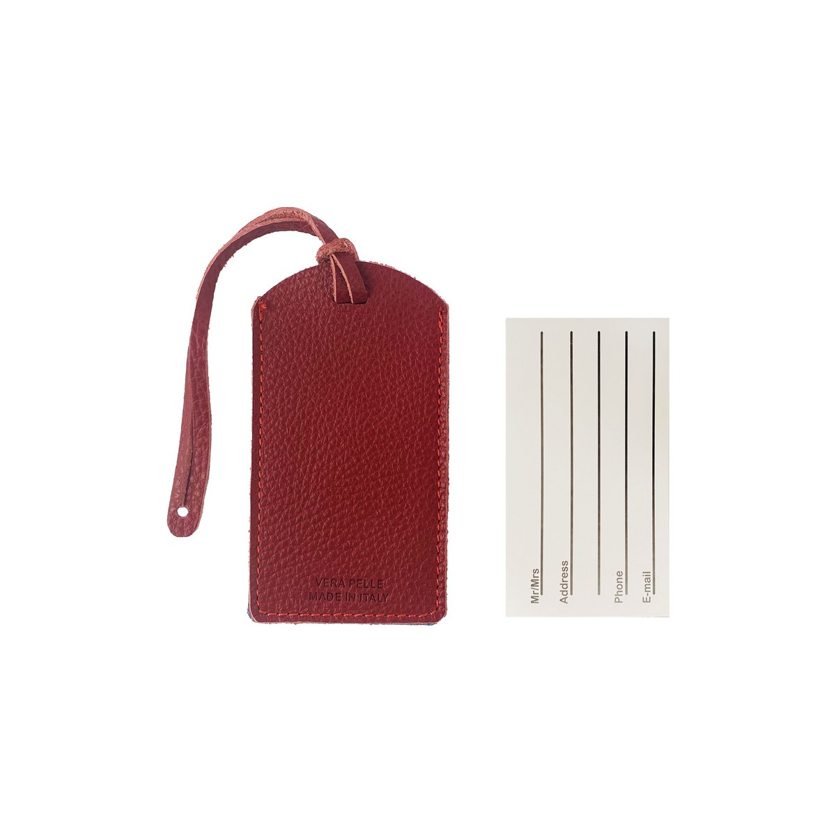 K0041VDB | Made in Italy two-tone luggage tag in genuine full-grain leather, grained dollar - Red/Blue - Dimensions: 6.5 x 12 cm - Packaging: rigid bottom/lid Gift Box