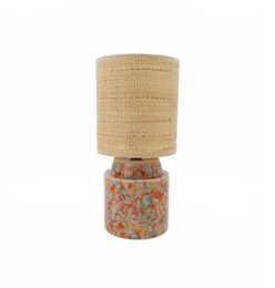 Rood, oranje, gele, groene en blauwe stroom kristallijn handgeglazuurde keramische lamp met bed met raffia/rattan schaduw, een geweldig woondecor!