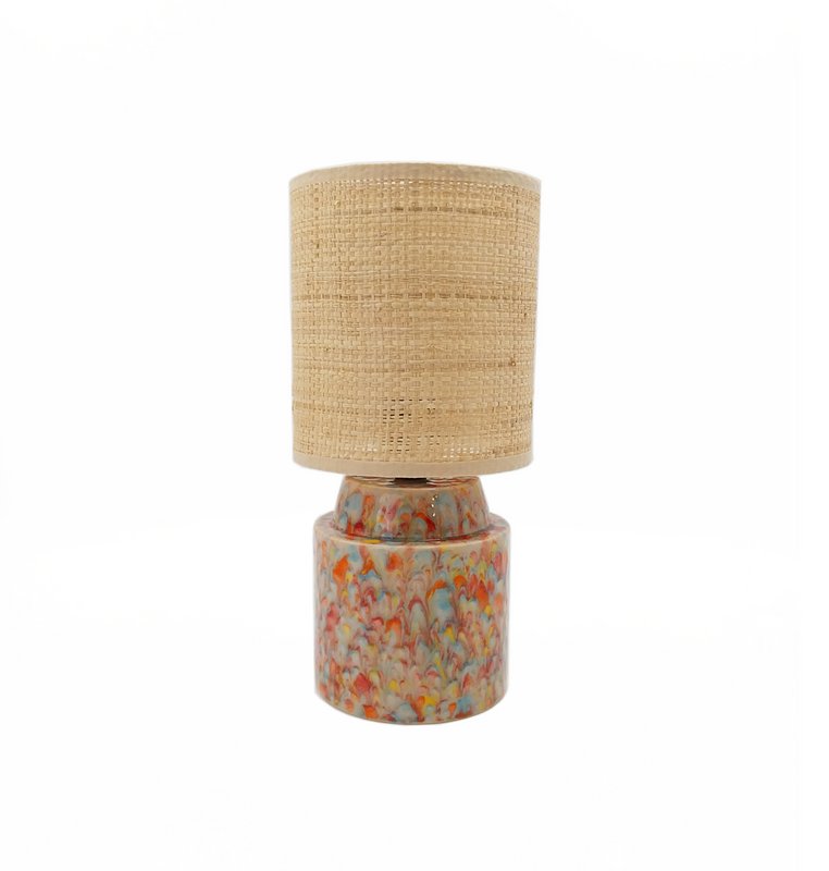 Rood, oranje, gele, groene en blauwe stroom kristallijn handgeglazuurde keramische lamp met bed met raffia/rattan schaduw, een geweldig woondecor!