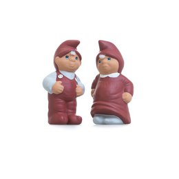 A pair of standing decorations featuring a couple in matching burgundy outfits, likely celebrating an anniversary or special occasion. The decorations appear to be made of a ceramic or porcelain material.