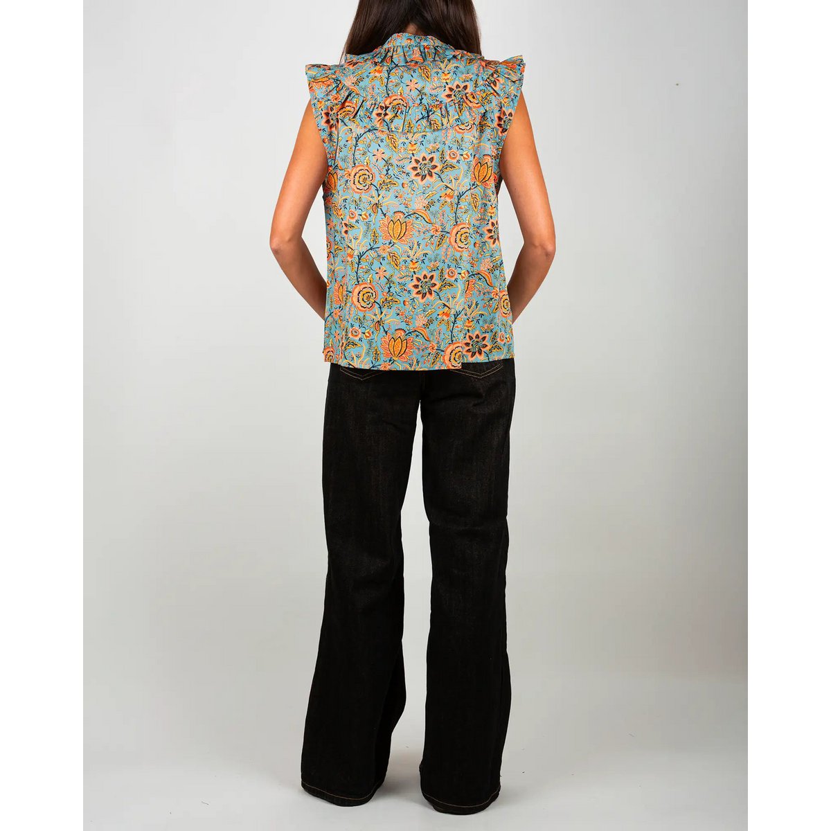 La blouse femme sans manches à volants Lolem bleu