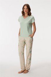 A women's mint green t-shirt and floral print pants pajama set. The t-shirt has a v-neck and short sleeves. The pants feature a relaxed, wide-leg silhouette with a floral print pattern.