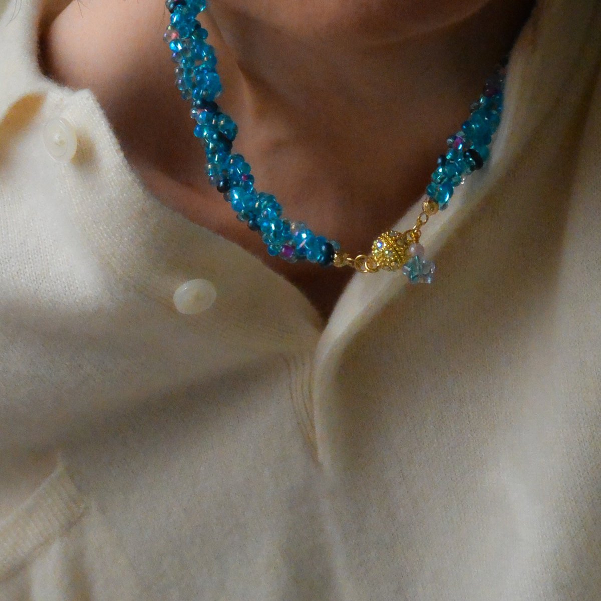 Blue czech crystal beaded necklace with gold plated frontal clasp 