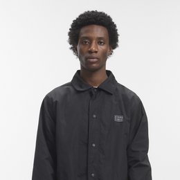 Black men's jacket, button-up shirt style, long sleeves, casual streetwear design, solid color