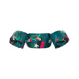 Tropical-themed kids' life vest in green with colorful floral and animal print design. Provides buoyancy and safety for water activities.