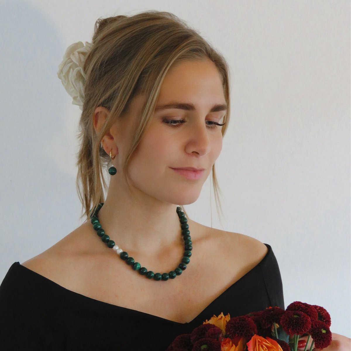 Boucles d'Oreilles Malachite & Perle – Argent 925 Plaqué Or
