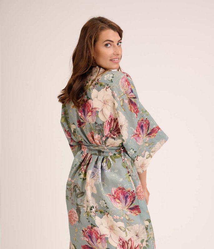Lniany szlafrok kimono Garden Emerald