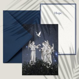 A5 card with envelop featuring a night sky scene with angels and the word "Hope" printed on the card.