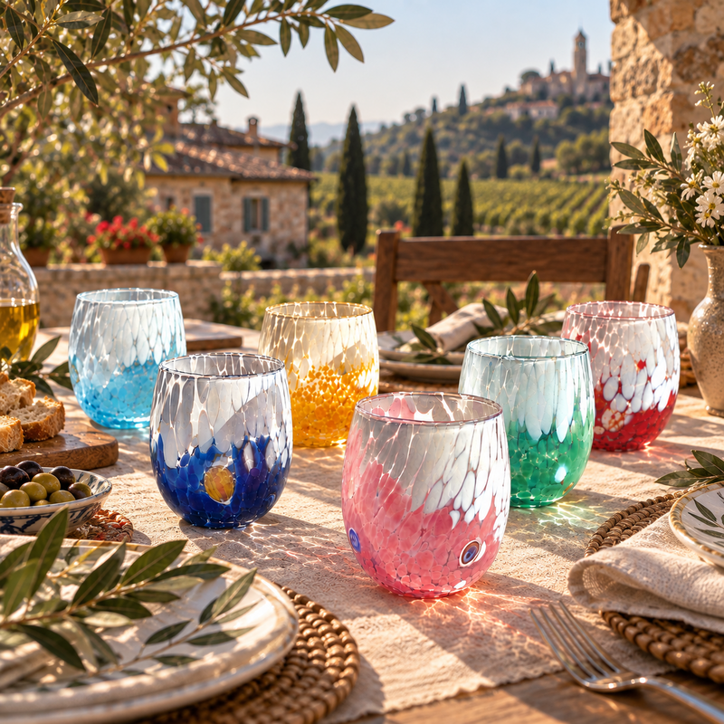 6 große zweifarbige Wassergläser aus mundgeblasenem und handgefertigtem Glas mit Murano-Murrine, Linie „I Colori di Murano“, 435 ml. Hergestellt in Italien