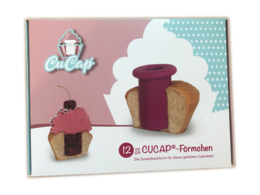 12 cupcake cases in a variety of colors and shapes, including a pink cupcake case with a cherry on top.