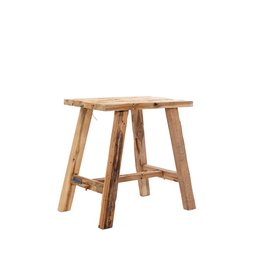 Vintage reclaimed teak stool, 50 cm in height, with a rustic, natural wood design suitable for use as a side table or accent piece.