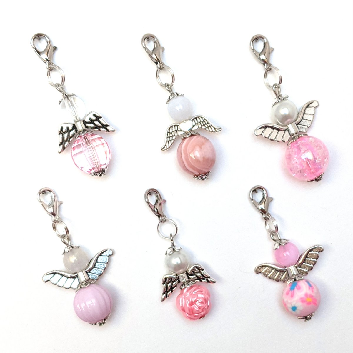 Porte-clés ange gardien "color sets blanc à rose", lot de 6, argent