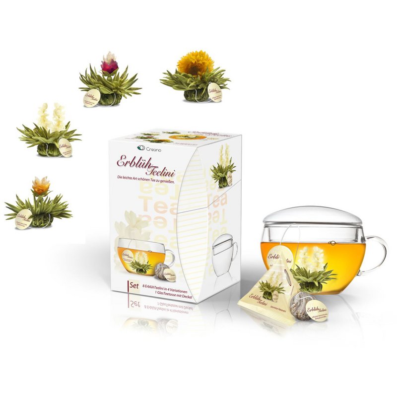 Creano ErblühTeelini cadeauset theeglas 8 theebloemen witte thee