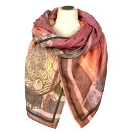 Soft, lightweight scarf in shades of pink, orange, and beige with a floral and paisley pattern design.
