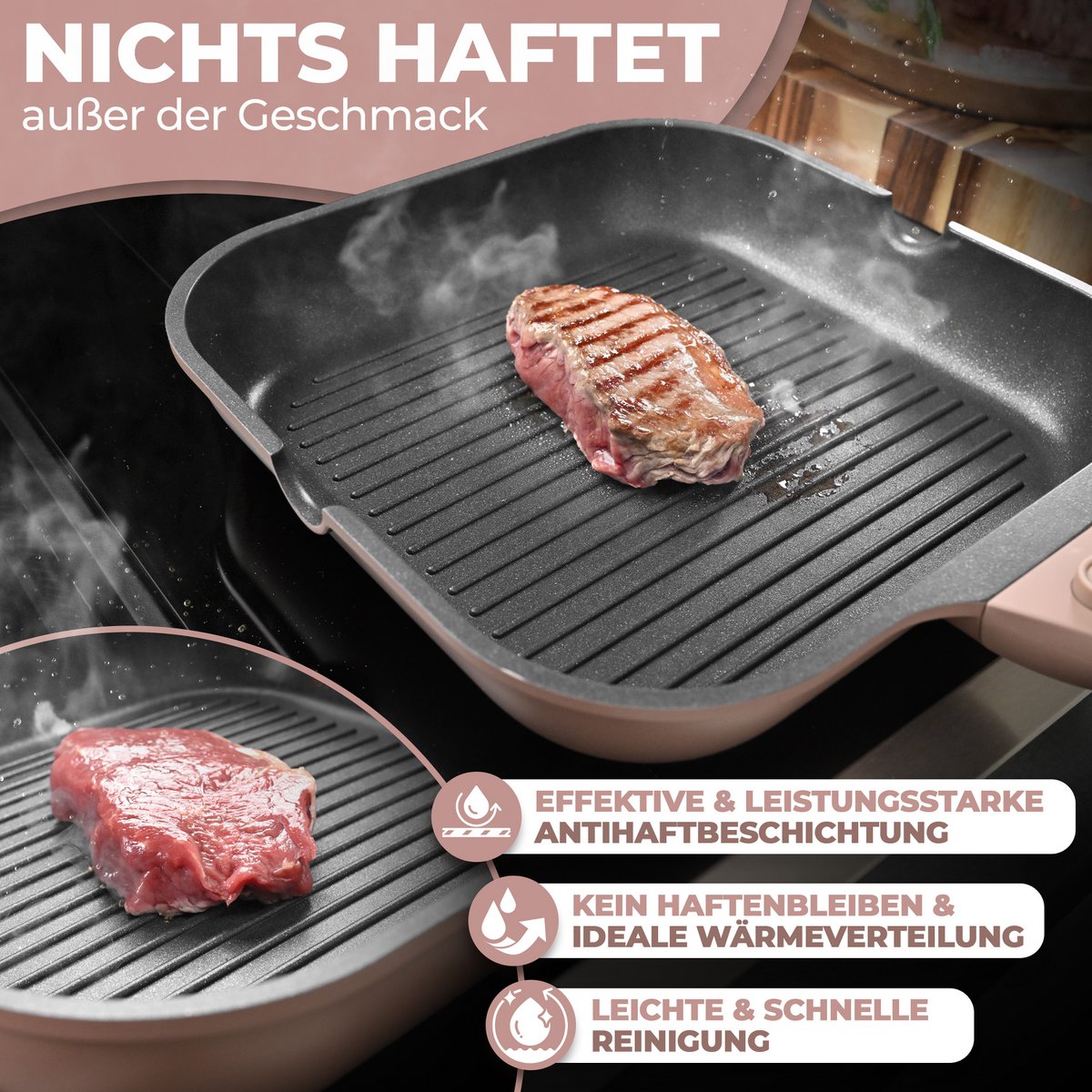 Grill Pan 28 cm, rivestimento non -stick, maniglie rimovibili, induzione, festival del forno (rosa)