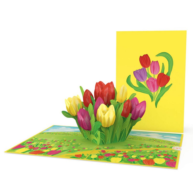 Kleurrijke pop-upkaart met tulpenweide