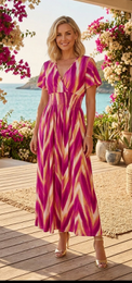 Flowy Maxikjole med Ikat-mønster – Fuchsia og guld - 610-4