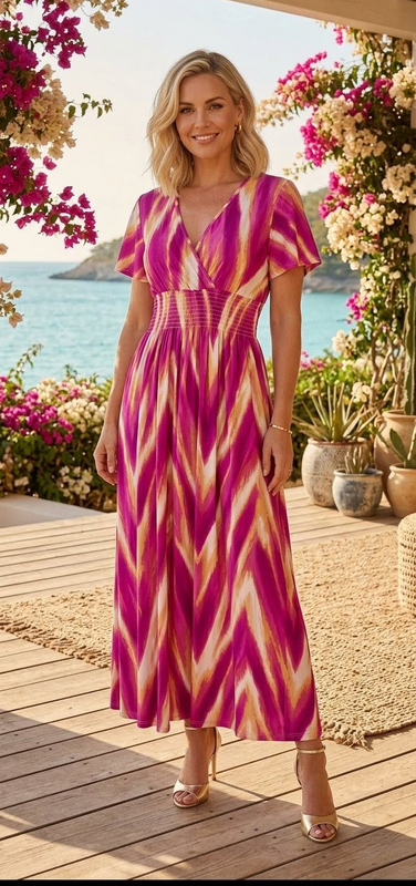 Flowy Maxikjole med Ikat-mønster – Fuchsia og guld - 610-4