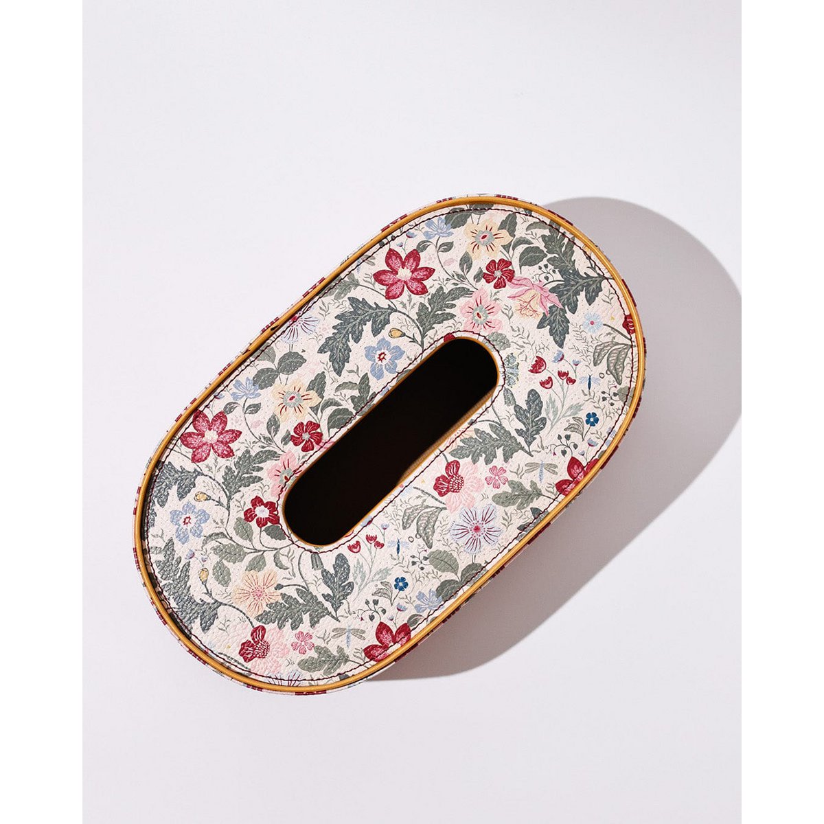 Vegan Leather Oval Tissue Box - Floral & Striped Pattern