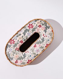 Vegan Leather Oval Tissue Box - Floral & Striped Pattern