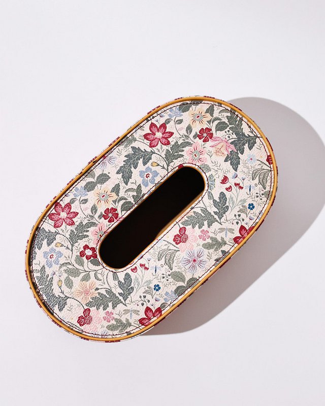 Vegan Leather Oval Tissue Box - Floral & Striped Pattern