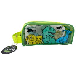 A clear window pencil case featuring colorful dinosaur graphics in shades of green, yellow, and blue. The case has a rectangular shape and a bright green trim.