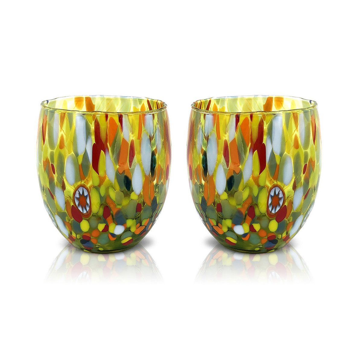 Klassieke waterglazen van handgeblazen en handgemaakt glas met Murano Murrine, lijn “I Colori di Murano”, 320 ml. Gemaakt in Italië