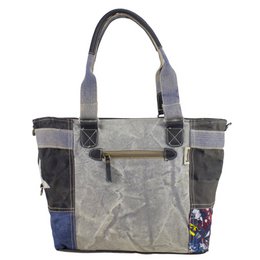 Damska torebka Sunsa. Torba na ramię wykonana z dżinsów, płótna i skóry z recyklingu. Torba w stylu retro vintage. Duża damska torba typu shopper w patchworkowym stylu