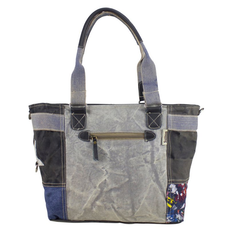 Damska torebka Sunsa. Torba na ramię wykonana z dżinsów, płótna i skóry z recyklingu. Torba w stylu retro vintage. Duża damska torba typu shopper w patchworkowym stylu