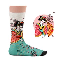  Traditional Geisha Tattoo Socks - Colorful socks featuring a traditional Japanese geisha design with a fan, flowers, and a vibrant color palette. The socks are available in sizes L (41-46 UK, 7.5-11.5 US) and M (36-40 UK, 4-7 US).