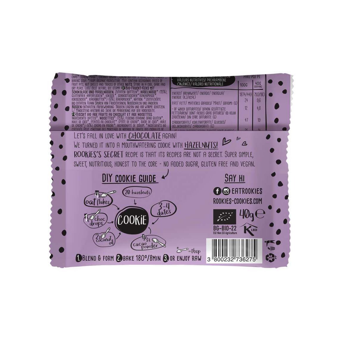 Cookie Choc chip & Hazelnut, organic, Rookies, 40g