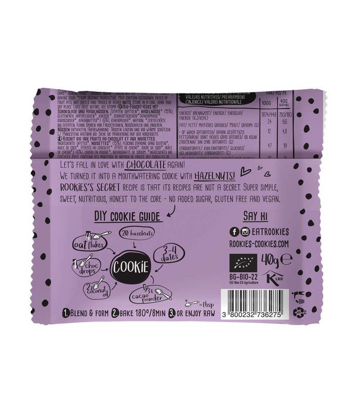 Cookie Choc chip & Hazelnut, organic, Rookies, 40g