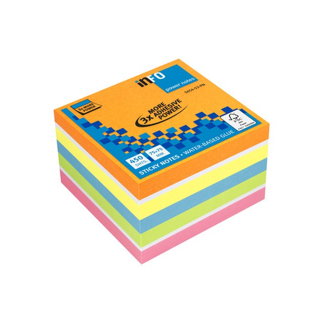 PowerNotes Info Notes 75x75mm ass. lyse farveblok på 450 ark