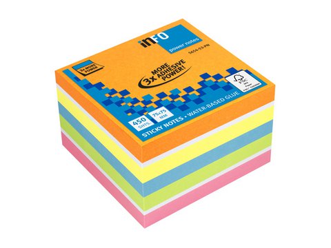 PowerNotes Info Notes 75x75mm ass. felle kleuren blok a 450 vel