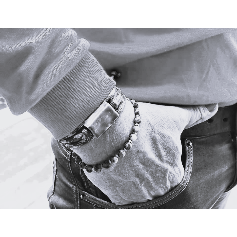 Herrenarmband Keramik Block Jeans auf Lederspitze