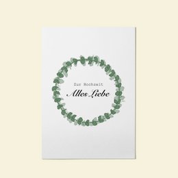 A wedding card with a wreath of green leaves and the text "The wedding of Mr. & Mrs. Richie" in a minimalist, elegant design.