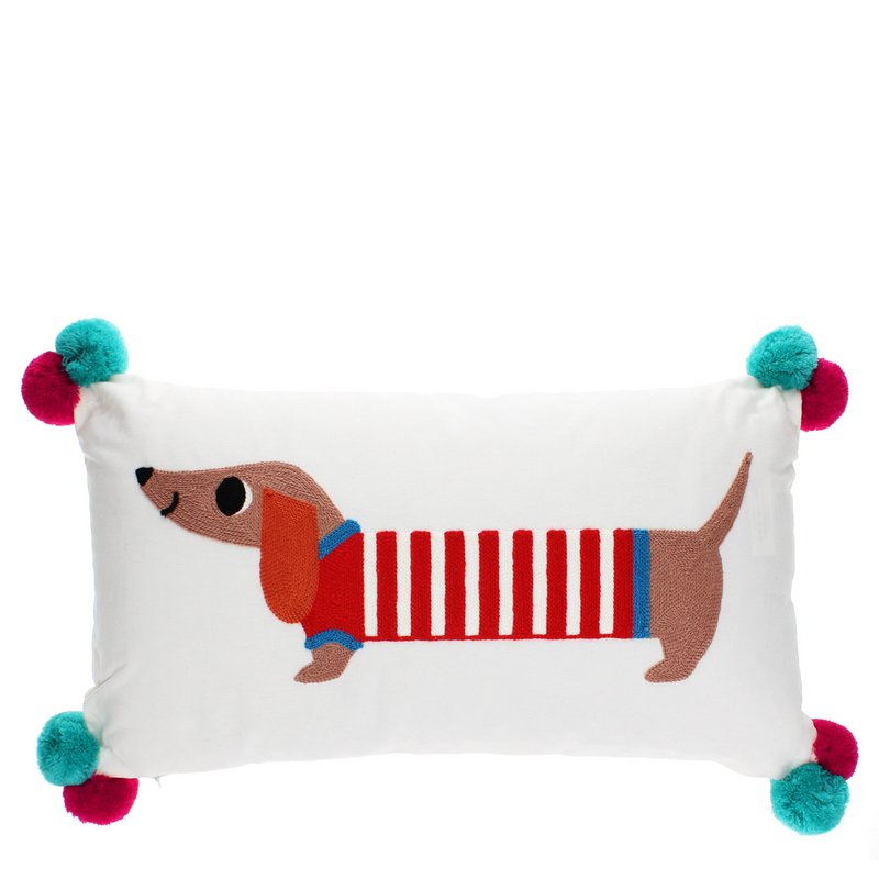 Stickter Kissen mit Pom Poms - Wursthund
