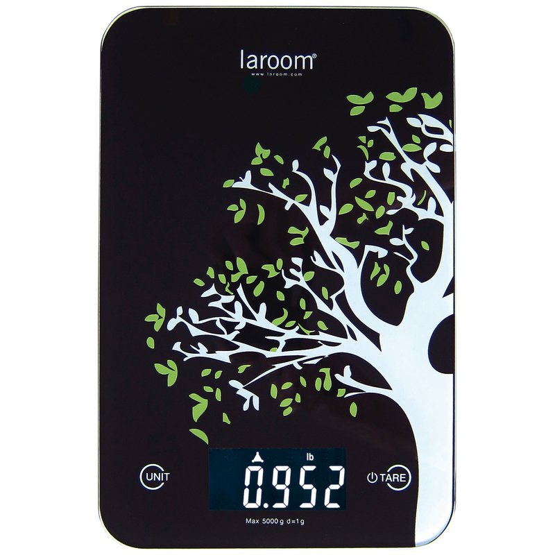 køkkenvægt "træ" sort med baggrundsbelyst LCD, tara og lithium batteri (med vægophæng)