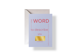 Scratch-off card with the text "One Word to Describe You" and a yellow scratch-off area. The card is designed for friendship and self-reflection.