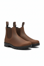 Brown leather Chelsea boots with elastic side panels, black sole, slip-on ankle boots for men.